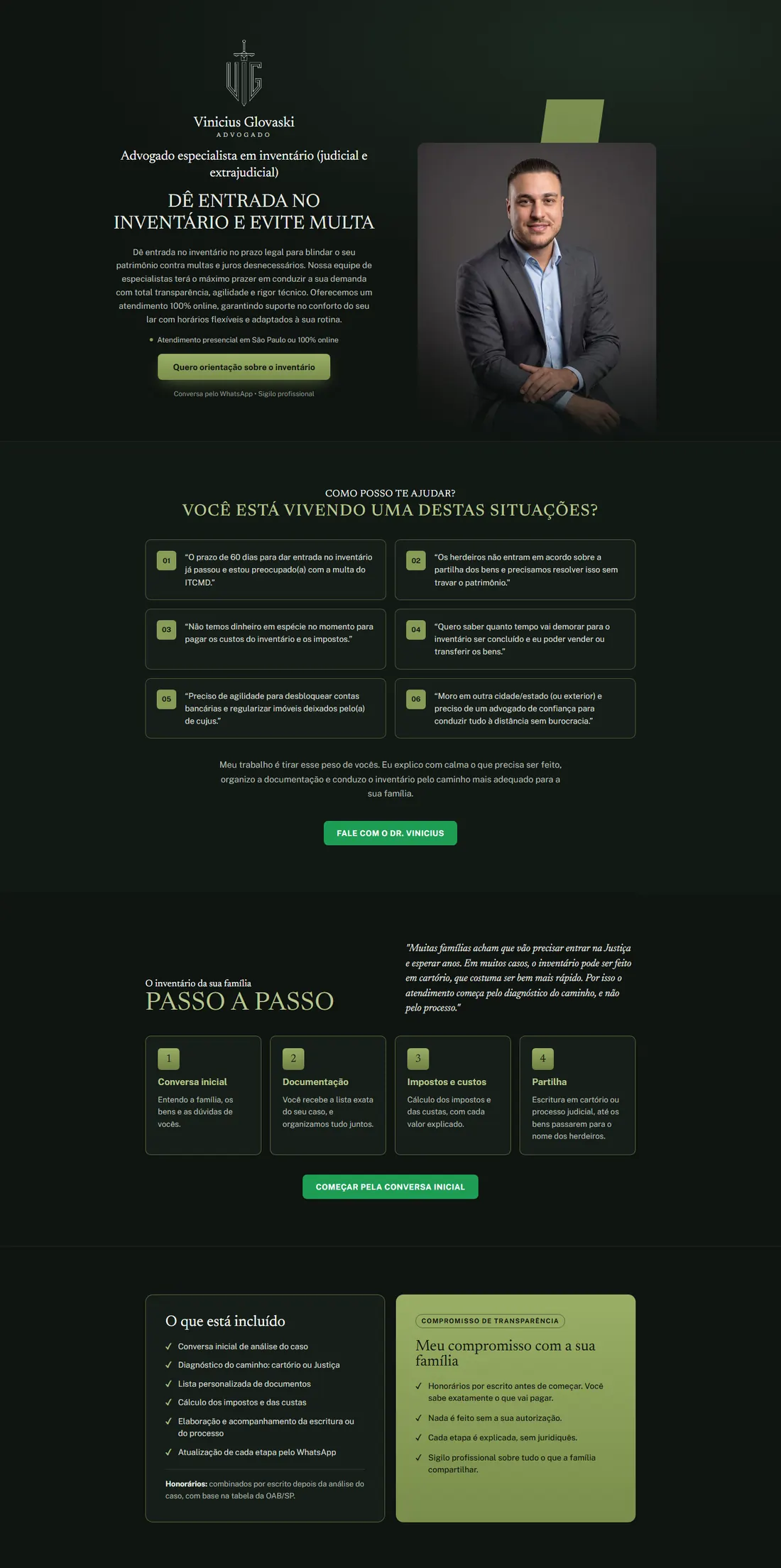 Seções do site para advogado especialista em inventário