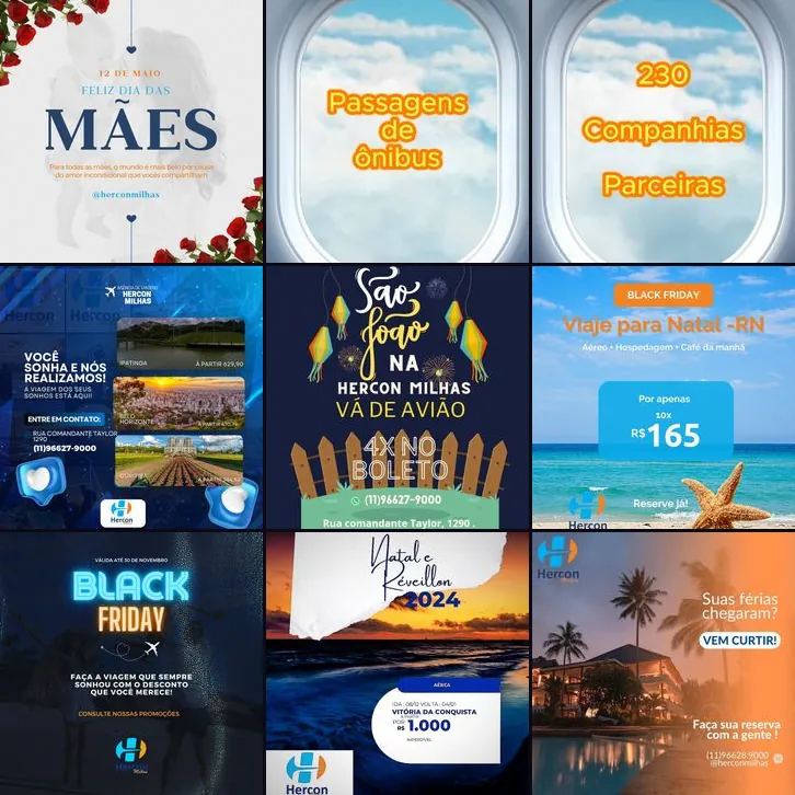 Nove posts reais criados para o Instagram de um negócio de agência de viagens