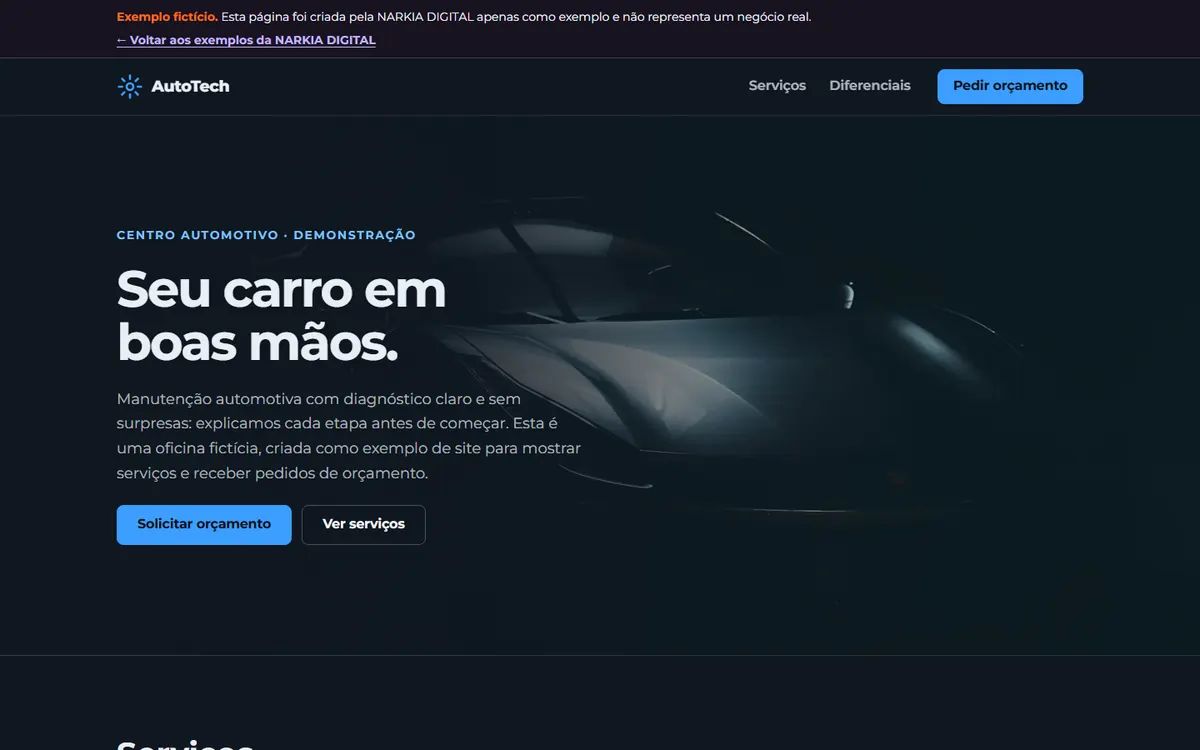 Exemplo fictício AutoTech exibido em um notebook