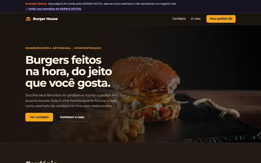 Tela inicial do exemplo fictício Burger House