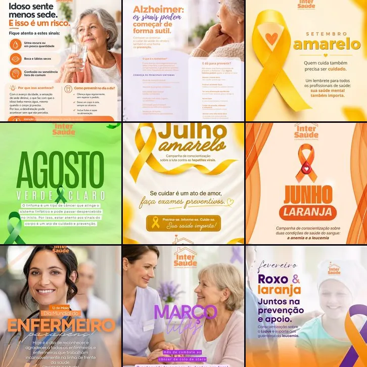 Nove posts reais criados para o Instagram de um negócio de cuidados domiciliares e enfermagem