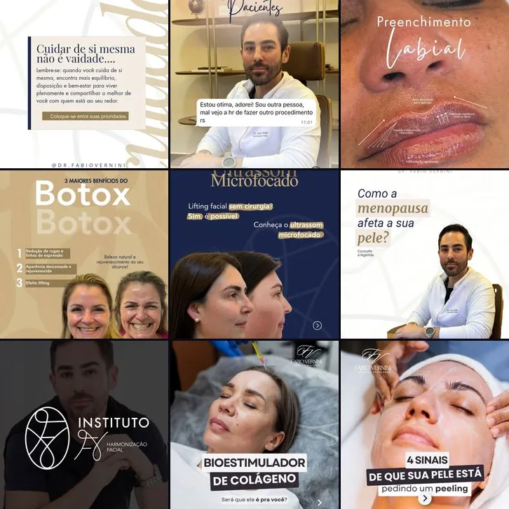 Nove posts reais criados para o Instagram de um negócio de clínica de rejuvenescimento facial