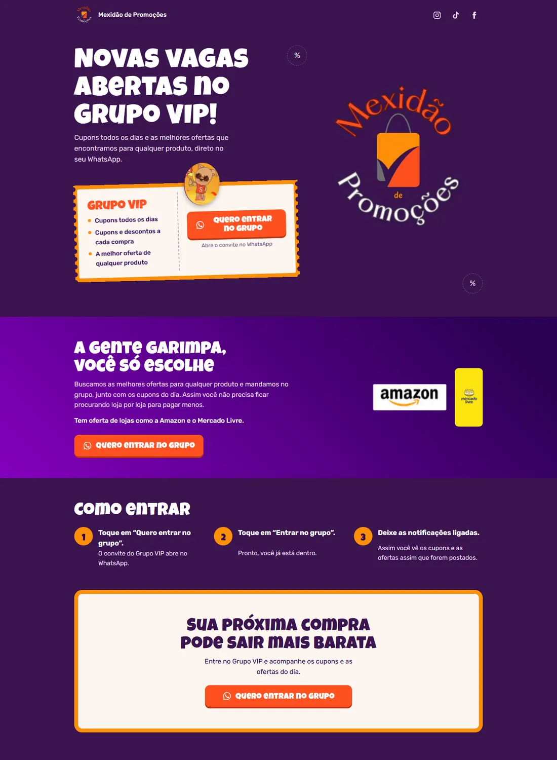 Seções do página para grupo VIP de ofertas