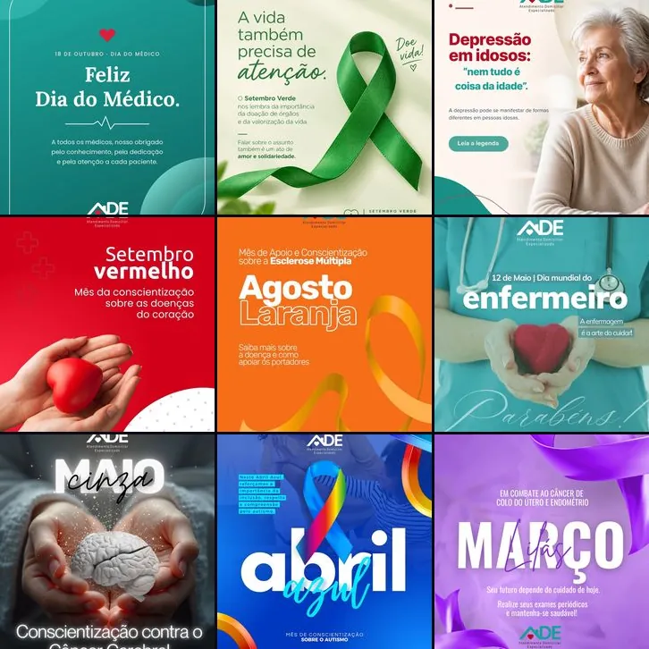 Nove posts reais criados para o Instagram de um negócio de atendimento domiciliar (home care)