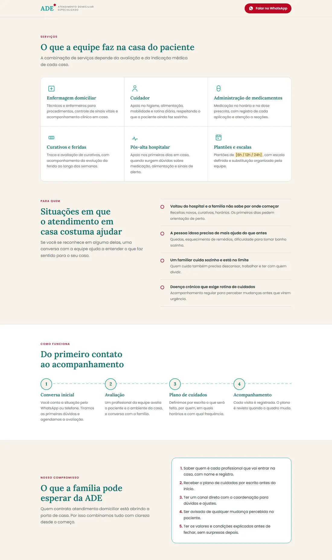 Seções do site para atendimento domiciliar (home care)