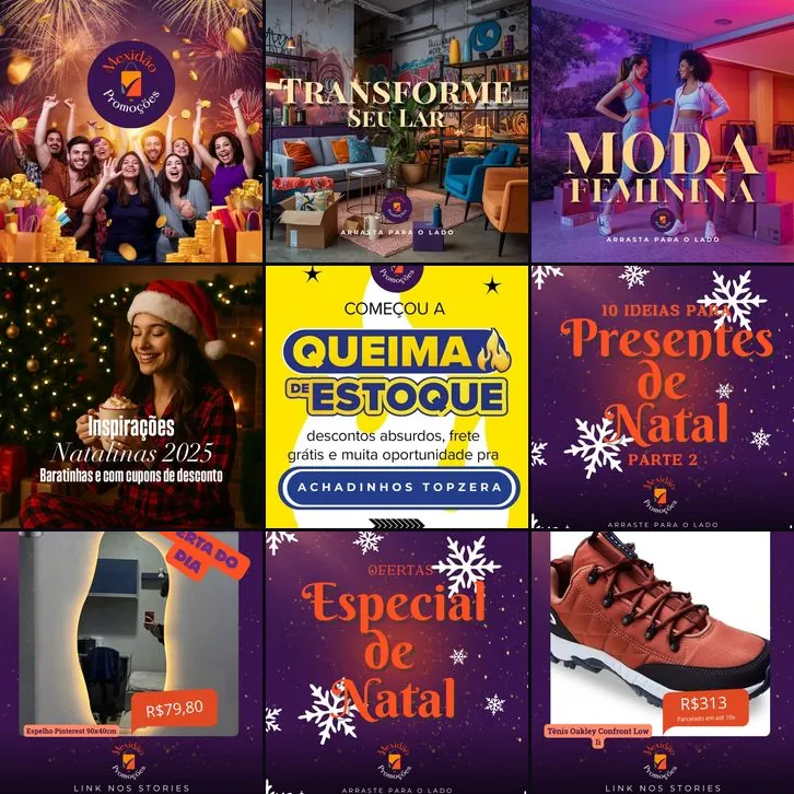 Nove posts reais criados para o Instagram de um negócio de promoções e cupons de desconto