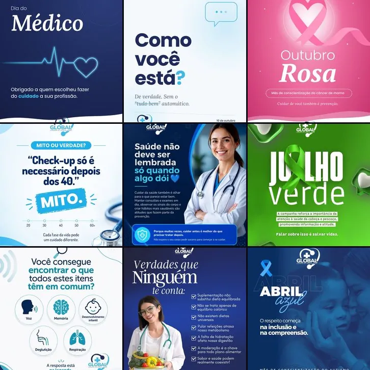 Nove posts reais criados para o Instagram de um negócio de saúde multidisciplinar