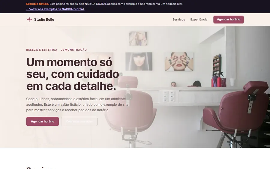Tela inicial do exemplo fictício Studio Belle